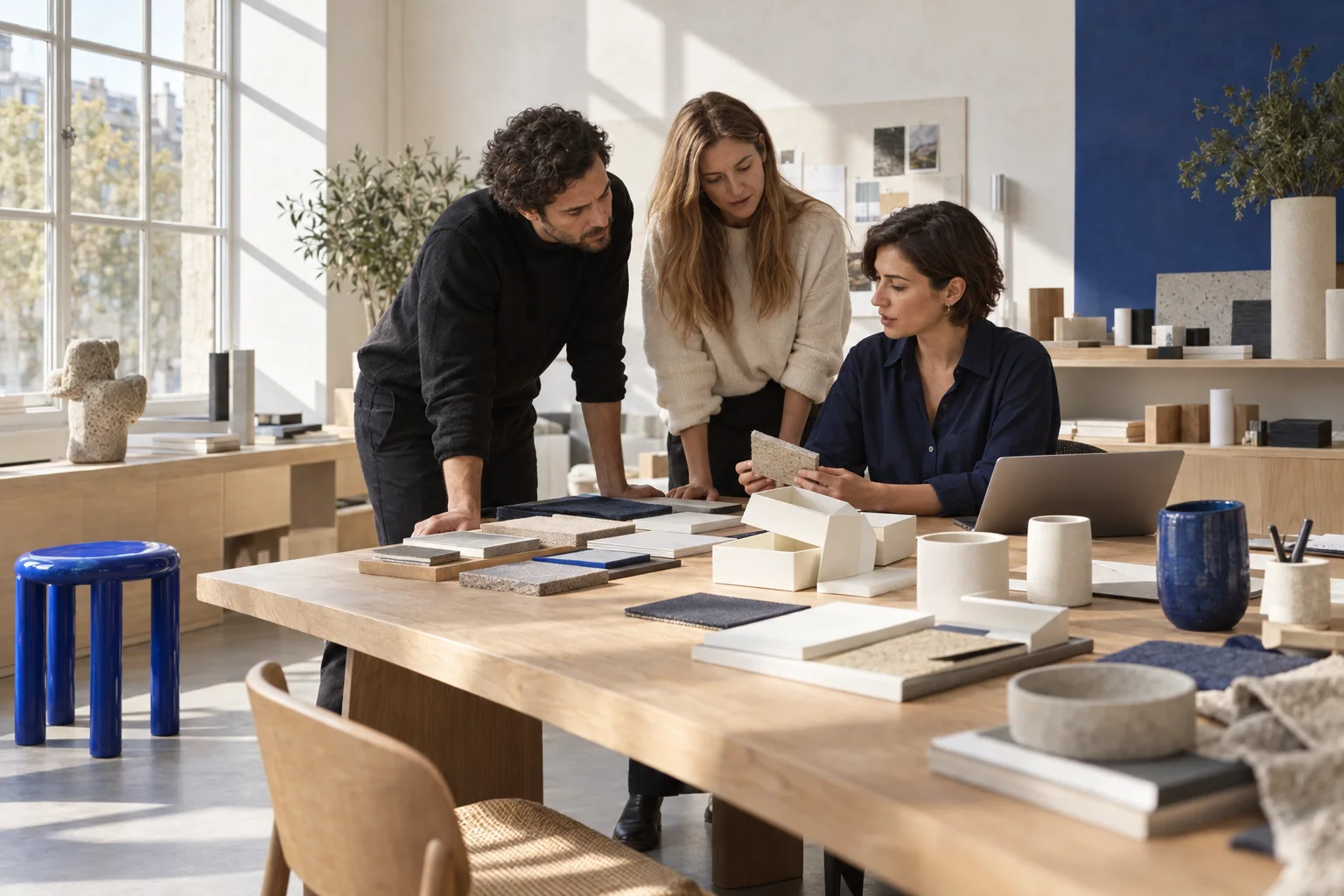 A product specialist and two colleagues reviewing material samples and packaging in a sunlit studio